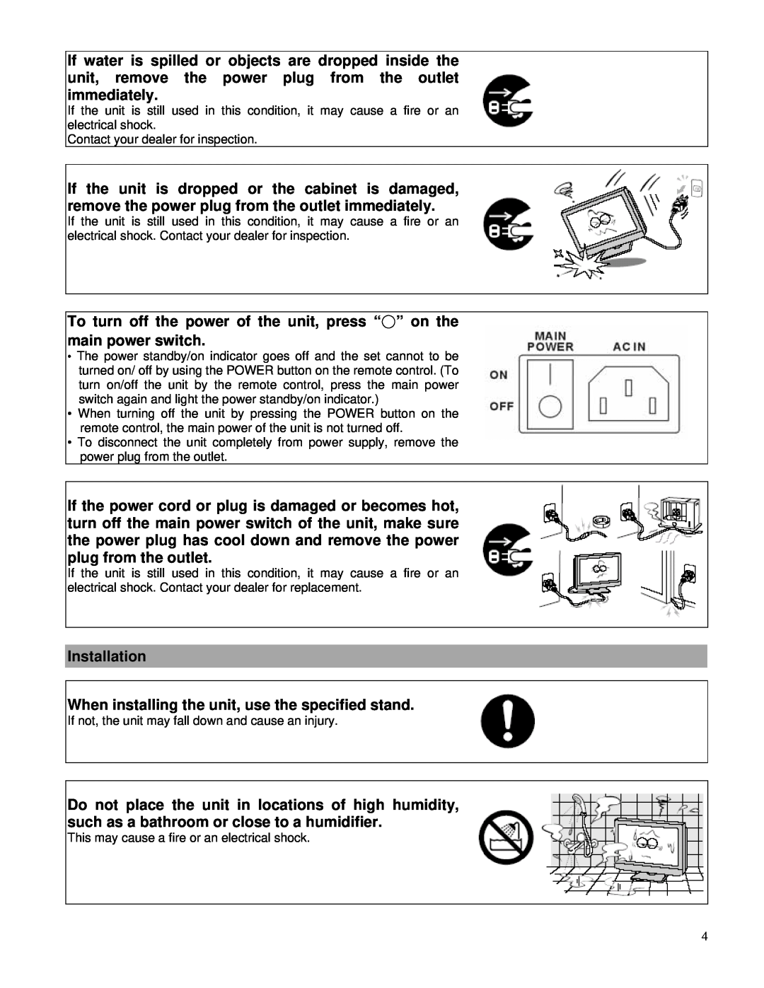 Toshiba P42LHA owner manual To turn off the power of the unit, press “” on the main power switch 