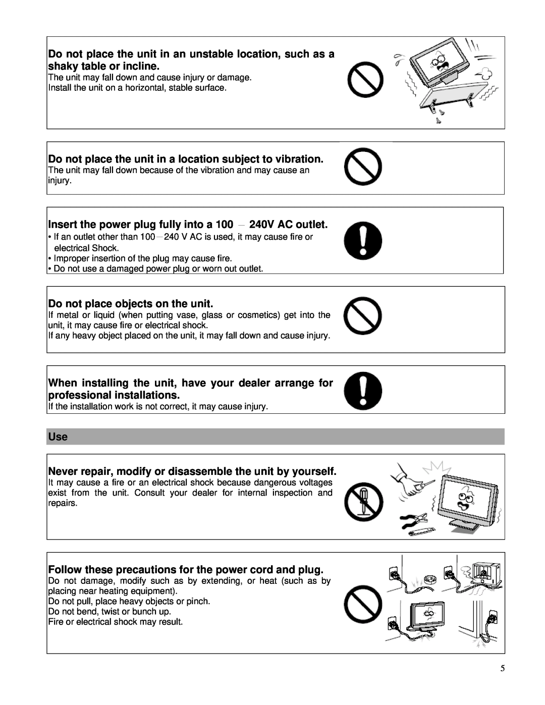 Toshiba P42LHA owner manual Do not place the unit in a location subject to vibration 