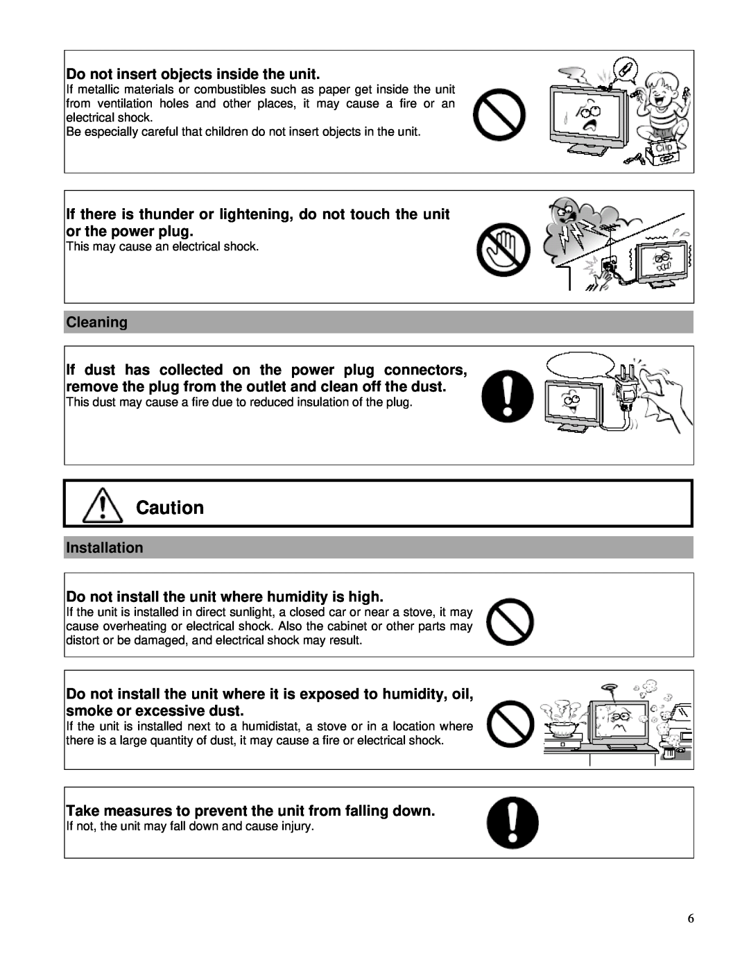 Toshiba P42LHA owner manual Do not insert objects inside the unit 