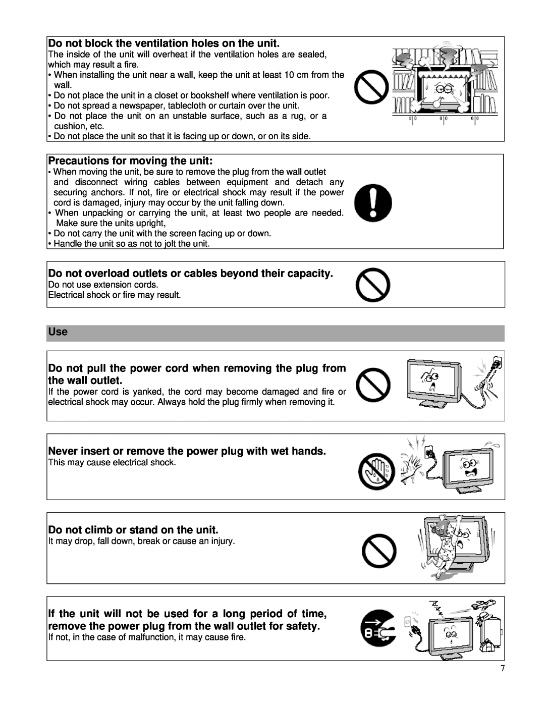 Toshiba P42LHA owner manual Do not block the ventilation holes on the unit, Precautions for moving the unit 