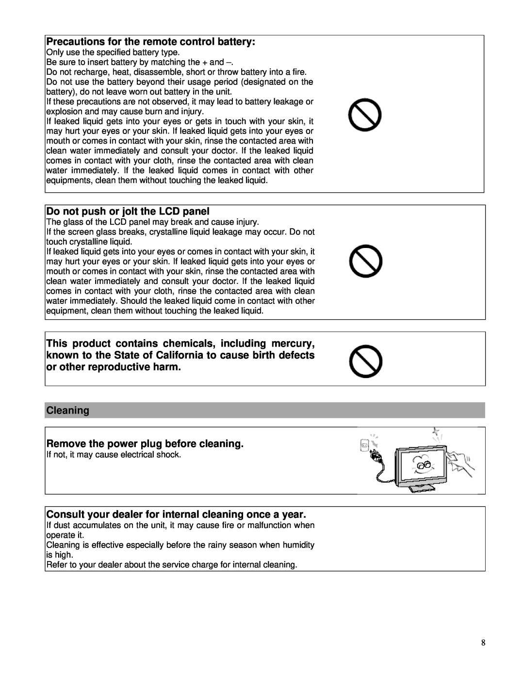 Toshiba P42LHA owner manual Precautions for the remote control battery, Do not push or jolt the LCD panel 