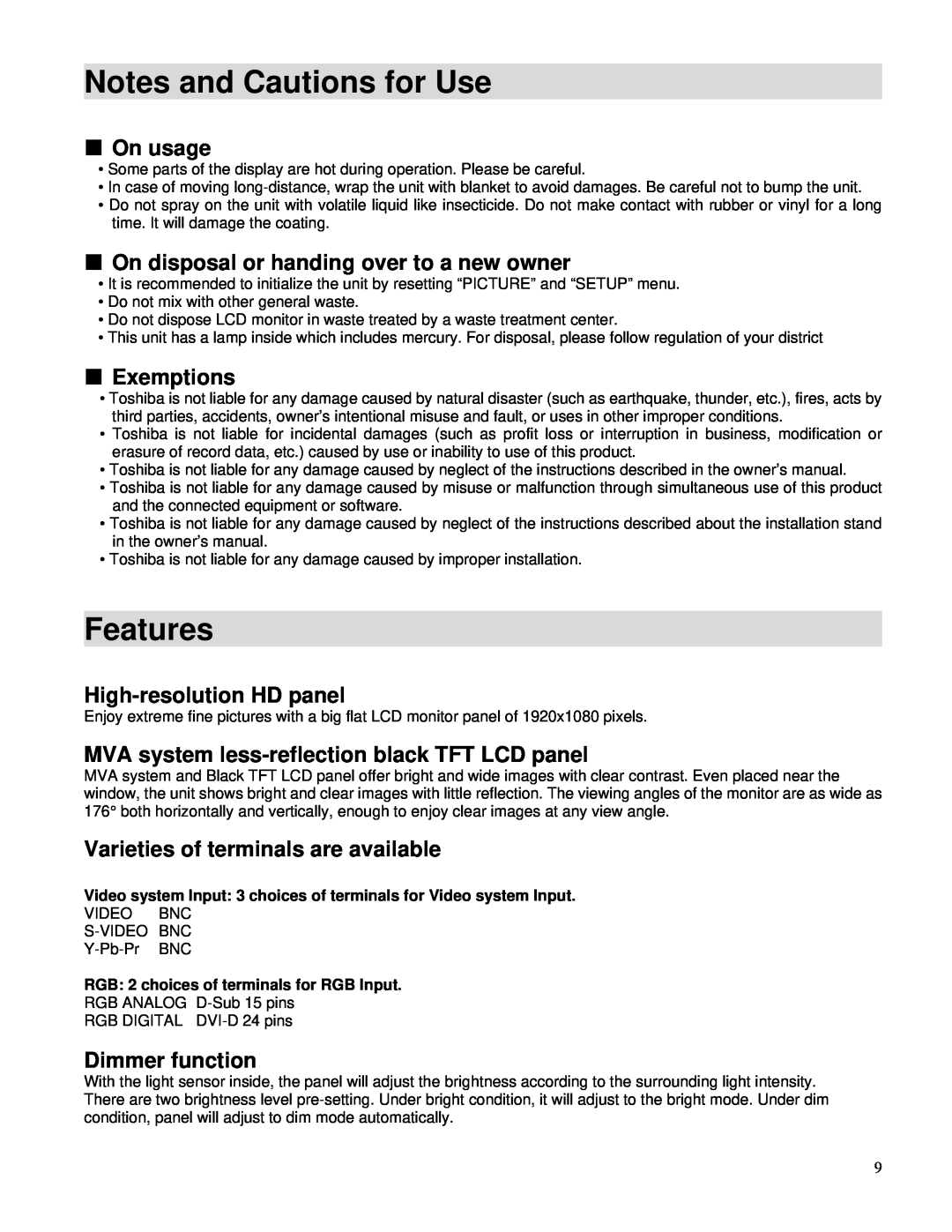 Toshiba P42LHA Notes and Cautions for Use, Features, On usage, On disposal or handing over to a new owner, Exemptions 