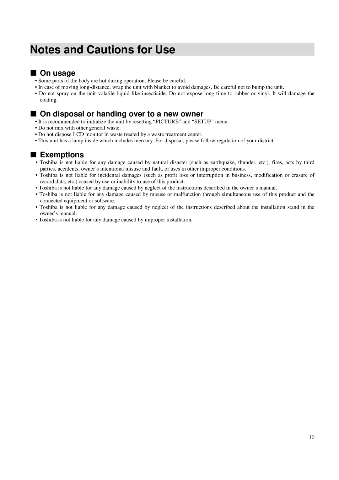 Toshiba P42LSA owner manual On usage, On disposal or handing over to a new owner, Exemptions 