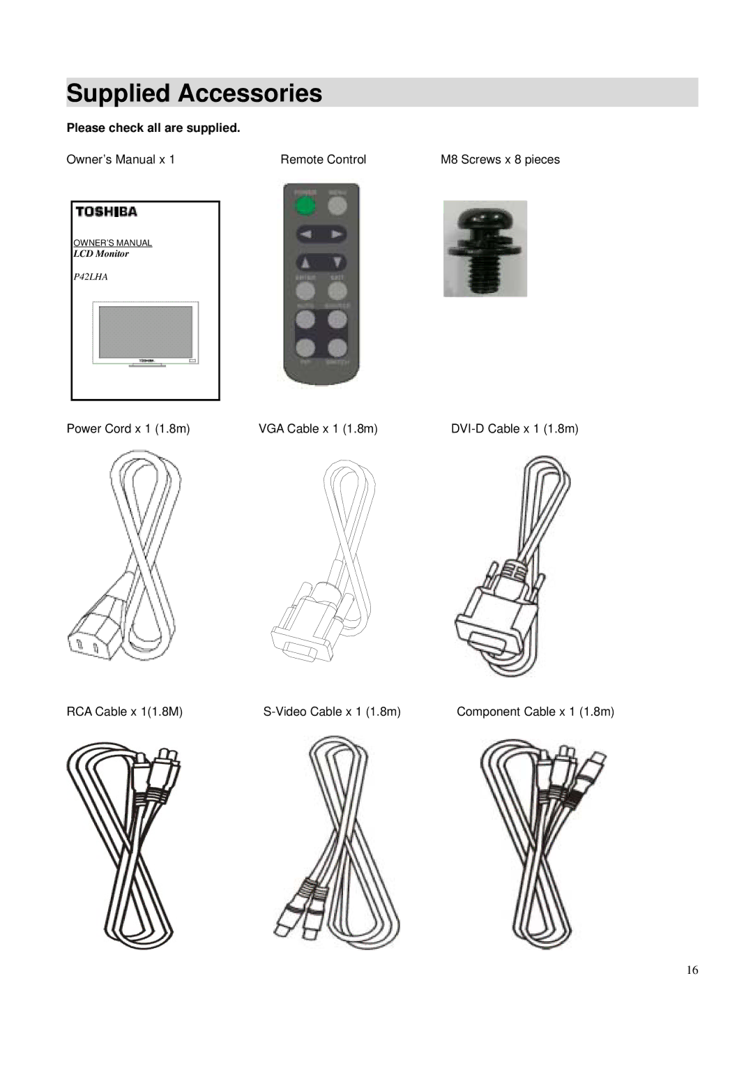 Toshiba P42LSA owner manual Supplied Accessories, Please check all are supplied 