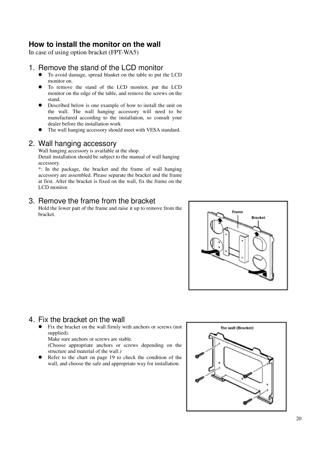 Toshiba P42LSA owner manual How to install the monitor on the wall, Remove the stand of the LCD monitor 