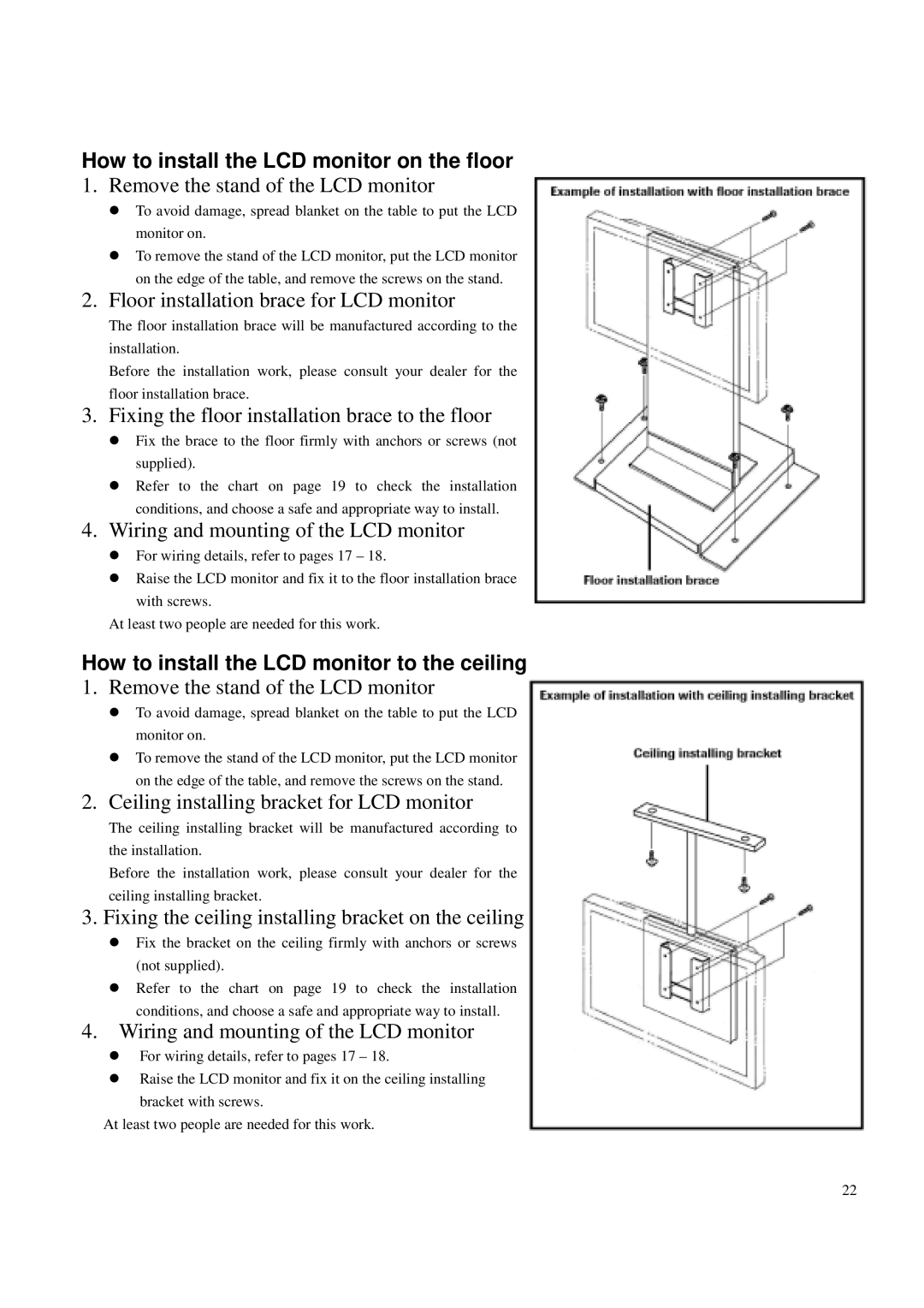 Toshiba P42LSA owner manual Floor installation brace for LCD monitor 