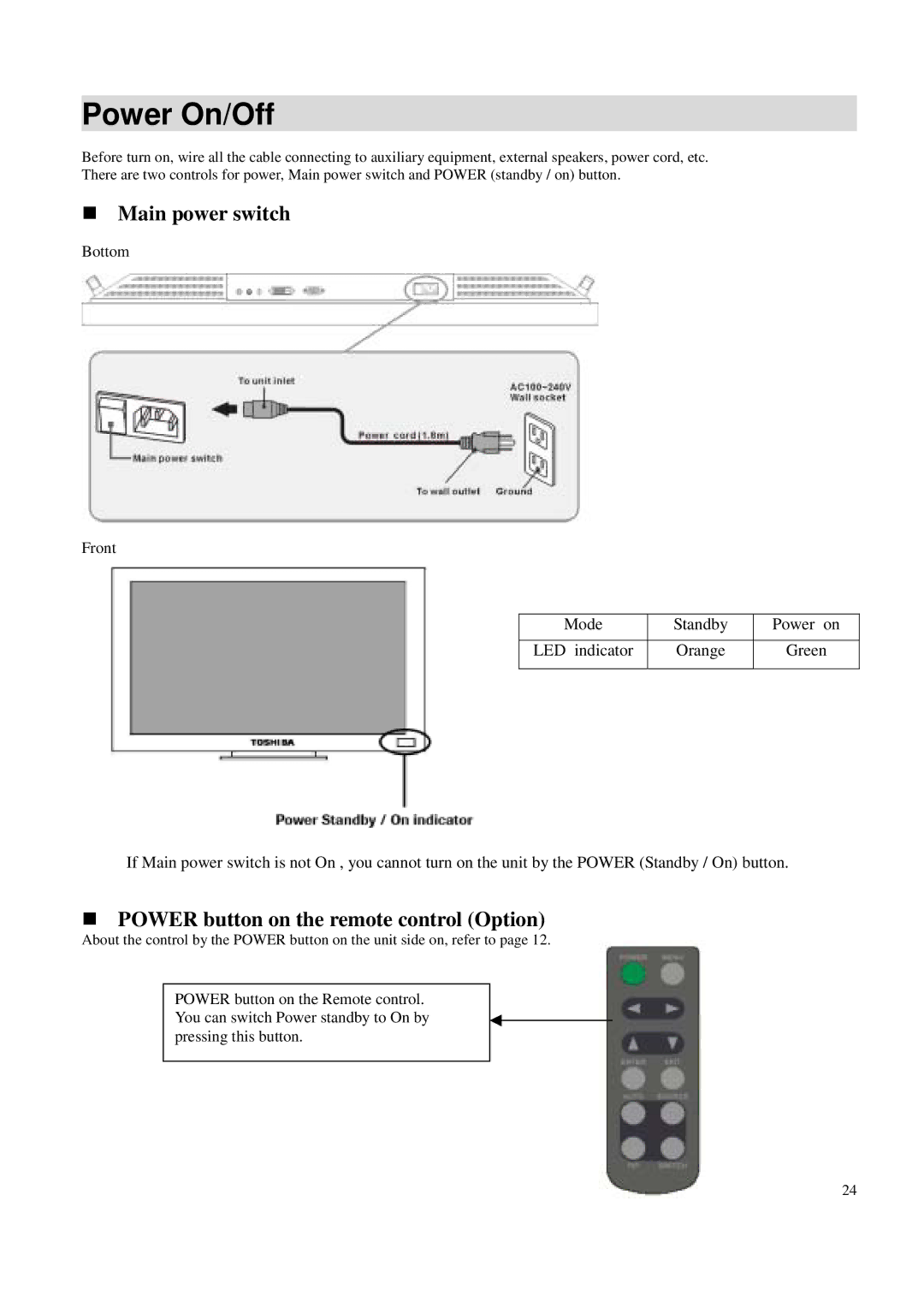 Toshiba P42LSA owner manual Power On/Off, Main power switch 