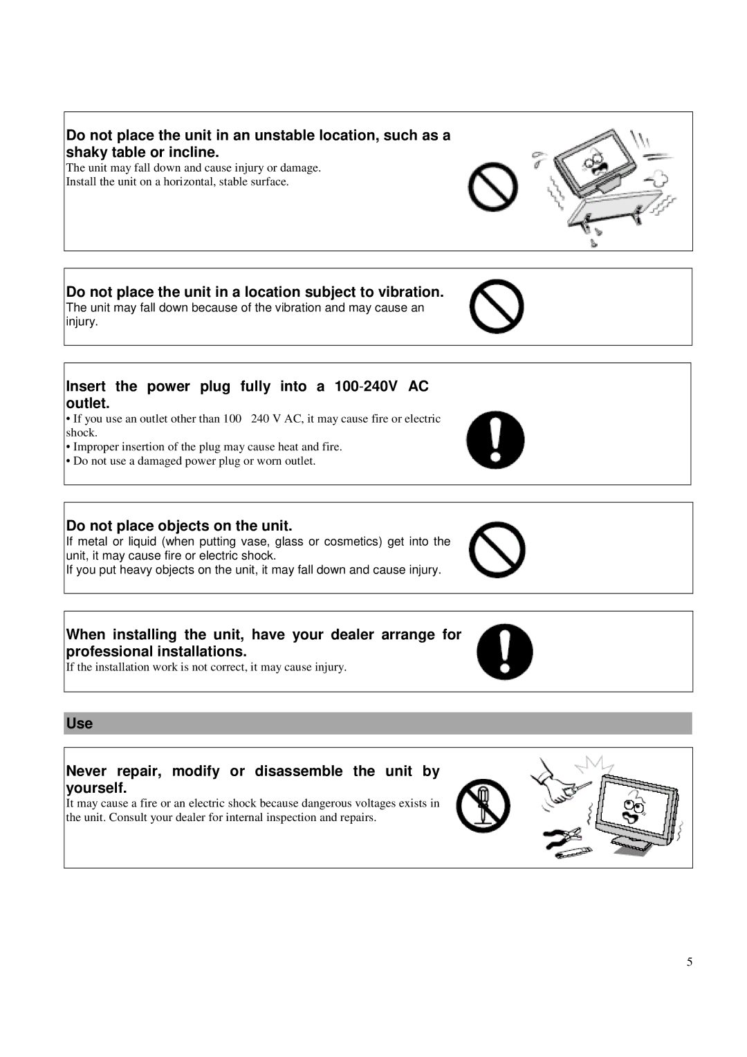 Toshiba P42LSA owner manual Do not place the unit in a location subject to vibration, Do not place objects on the unit 