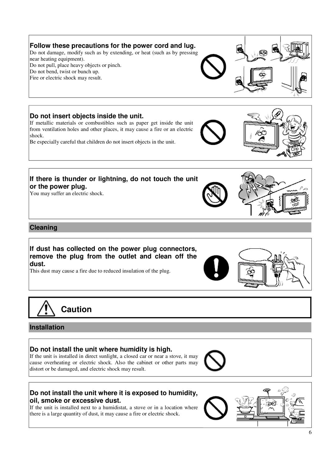 Toshiba P42LSA owner manual Follow these precautions for the power cord and lug, Do not insert objects inside the unit 