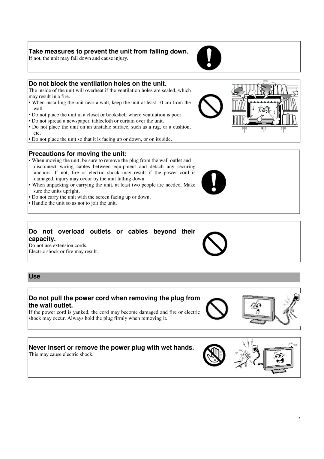 Toshiba P42LSA Take measures to prevent the unit from falling down, Do not block the ventilation holes on the unit 