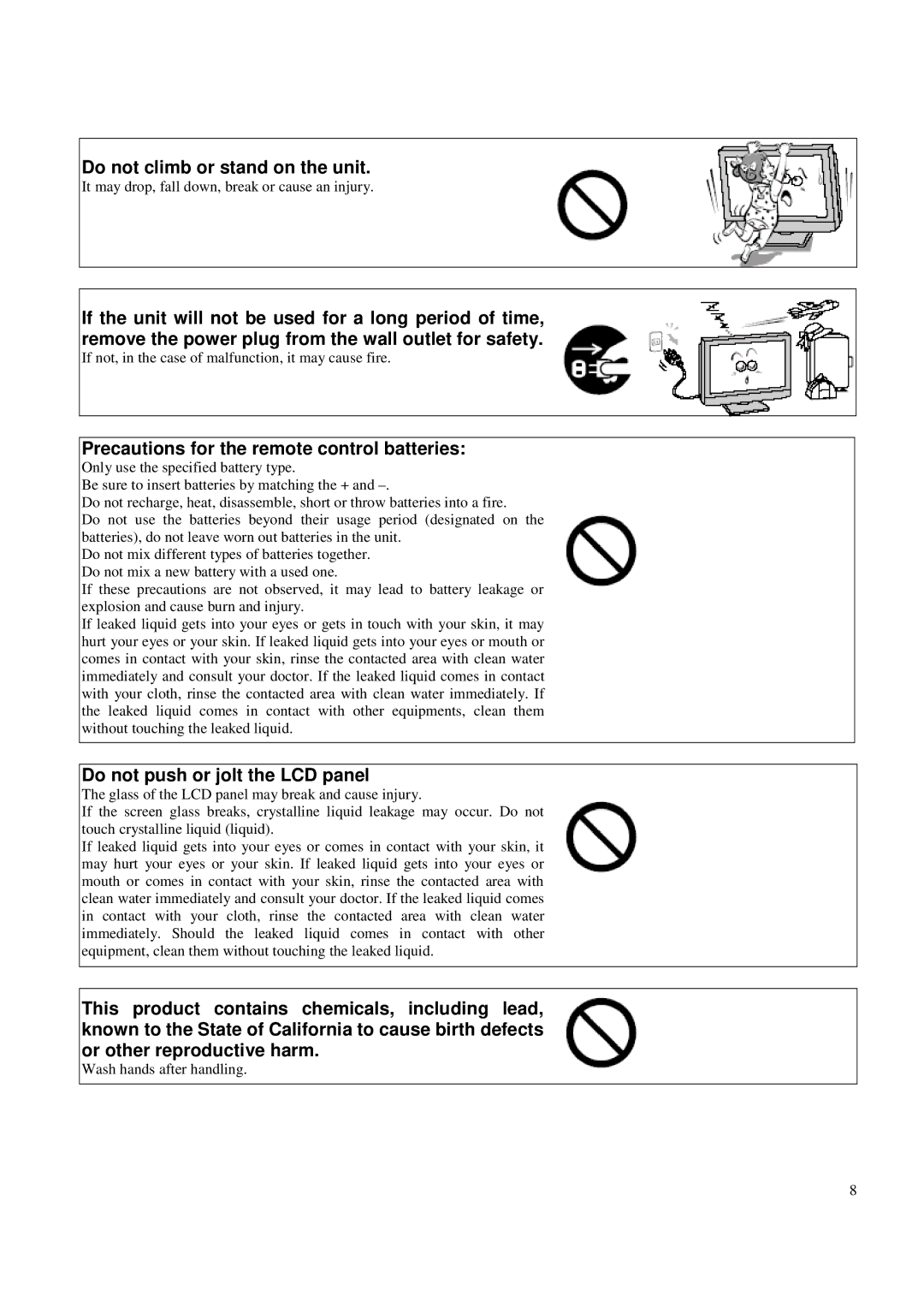 Toshiba P42LSA owner manual Do not climb or stand on the unit, Precautions for the remote control batteries 