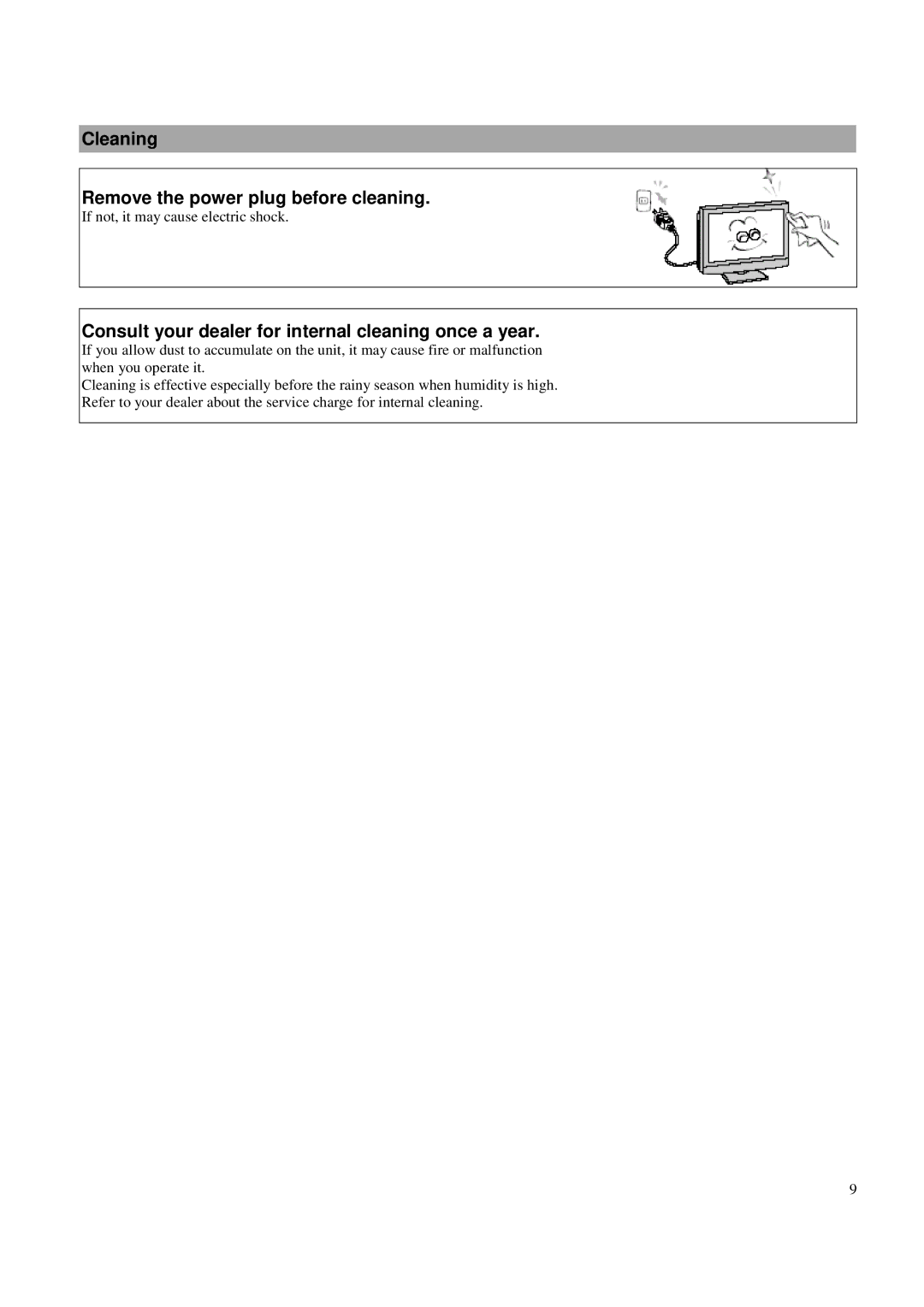 Toshiba P42LSA Cleaning Remove the power plug before cleaning, Consult your dealer for internal cleaning once a year 