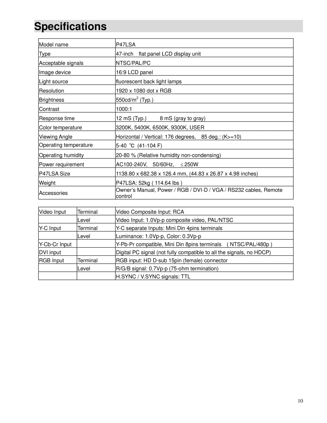 Toshiba P47LSA owner manual Specifications, Ntsc/Pal/Pc 