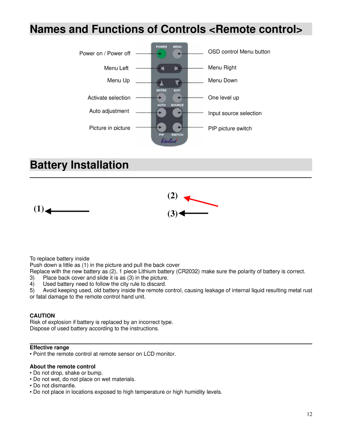 Toshiba P47LSA owner manual Names and Functions of Controls Remote control, Battery Installation, Effective range 