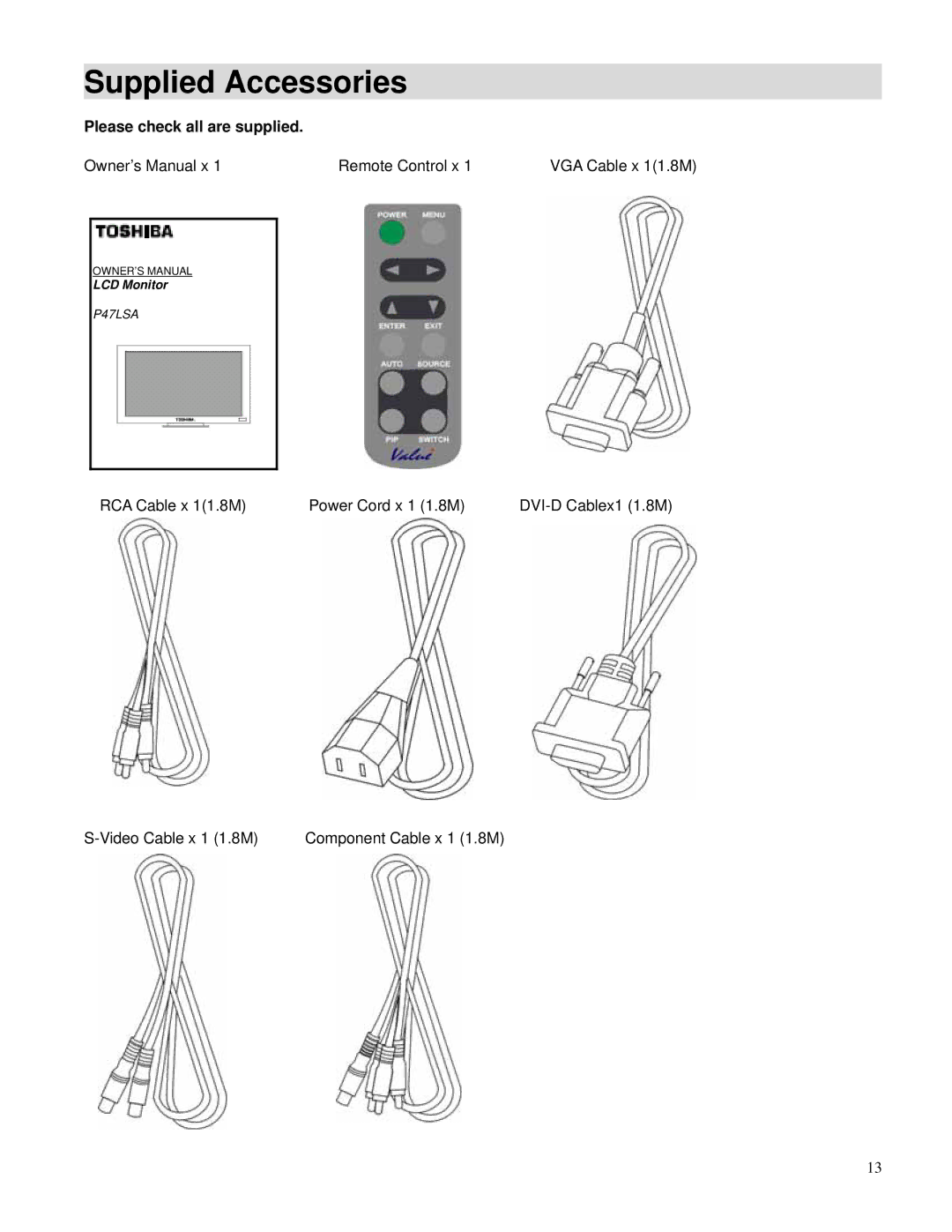 Toshiba P47LSA owner manual Supplied Accessories, Please check all are supplied 