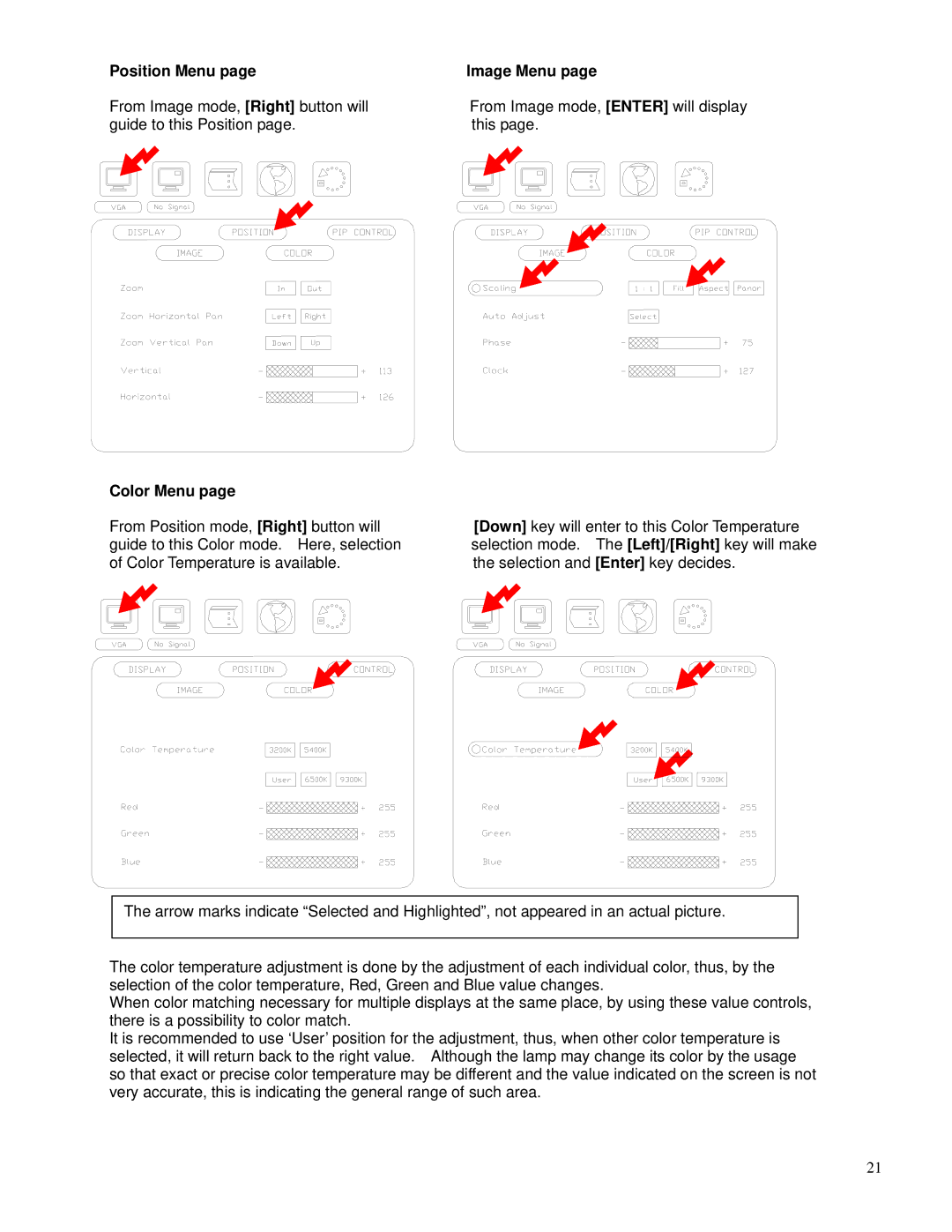 Toshiba P47LSA owner manual Position Menu, Color Menu 