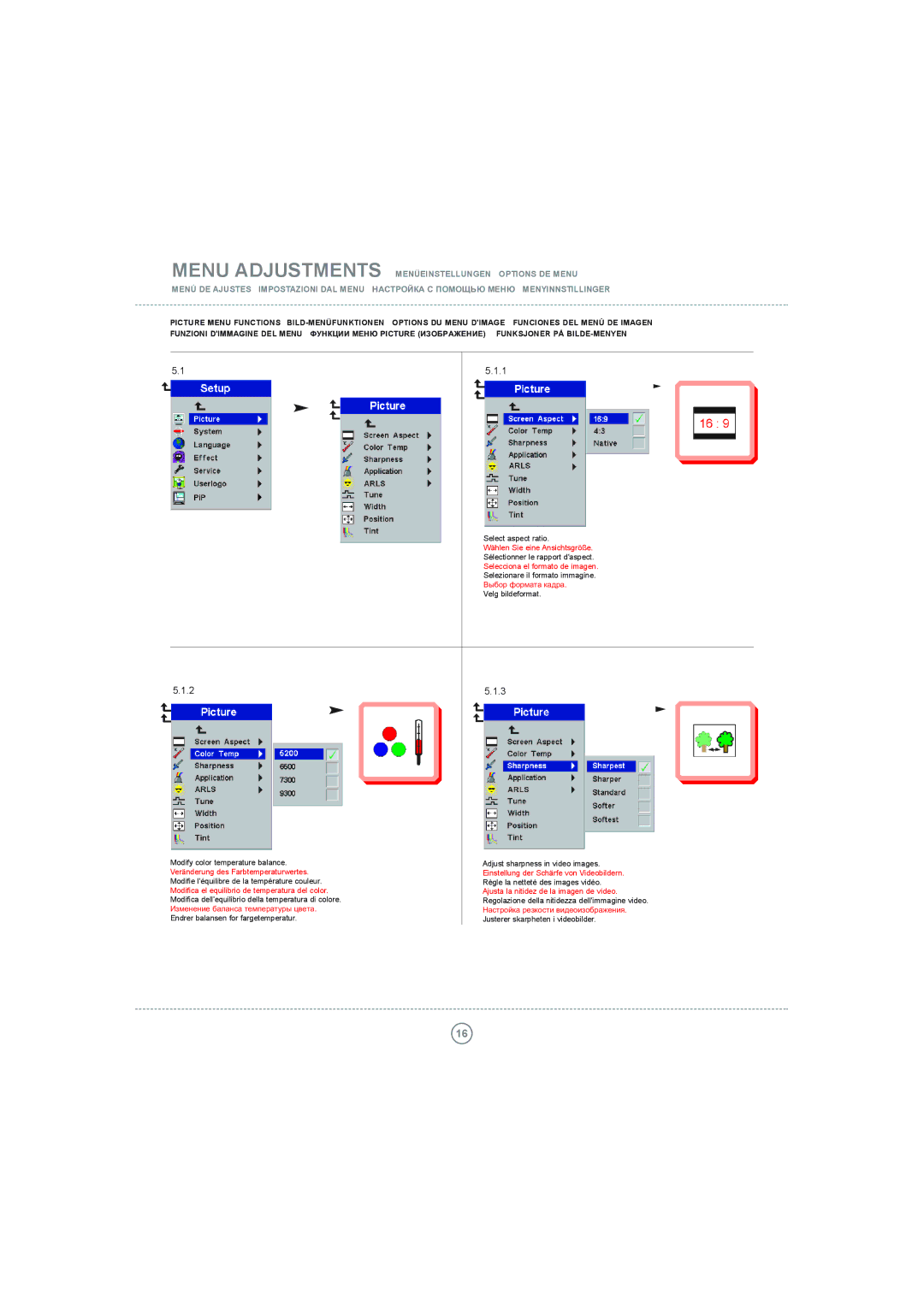 Toshiba P5 manual Menu Adjustments Menüeinstellungen, Select aspect ratio 