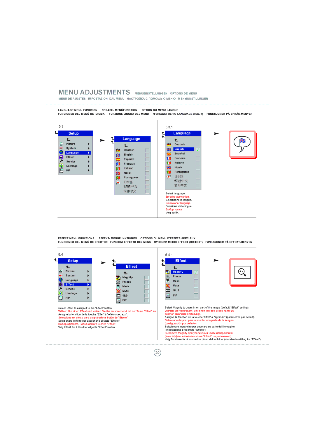 Toshiba P5 manual Sprache auswählen, Seleccionar lenguaje, Выбор языка Velg språk, Zoomen Standardeinstellung 