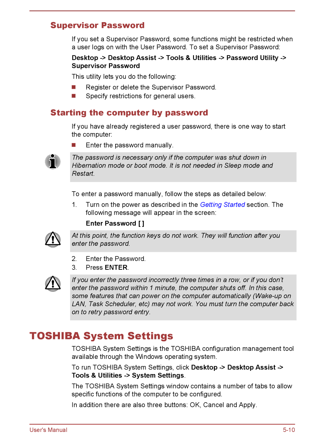 Toshiba P50-A/P50D-A/P50t-A/P50Dt-A Toshiba System Settings, Supervisor Password, Starting the computer by password 