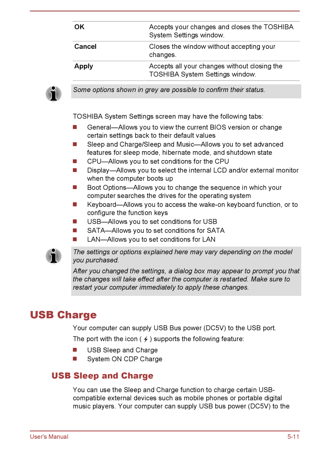 Toshiba L50-A/L50D-A/L50t-A/L50Dt-A, S50t-A/S50Dt-A, S50-A/S50D-A user manual USB Charge, USB Sleep and Charge, Cancel, Apply 