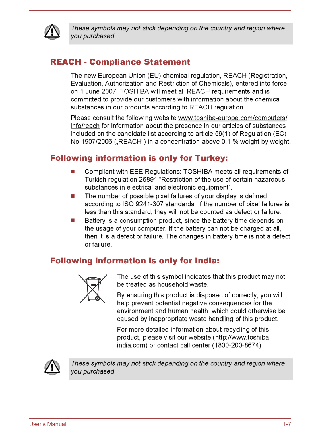 Toshiba L50-A/L50D-A/L50t-A/L50Dt-A, S50t-A/S50Dt-A Reach Compliance Statement, Following information is only for Turkey 