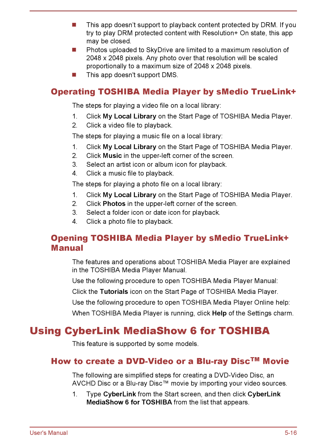 Toshiba S50t-A/S50Dt-A Using CyberLink MediaShow 6 for Toshiba, Operating Toshiba Media Player by sMedio TrueLink+ 