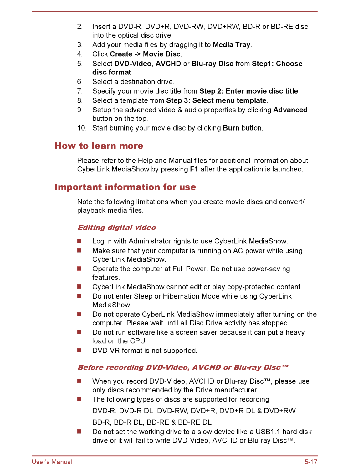 Toshiba S50-A/S50D-A How to learn more, Important information for use, Select a template from Select menu template 