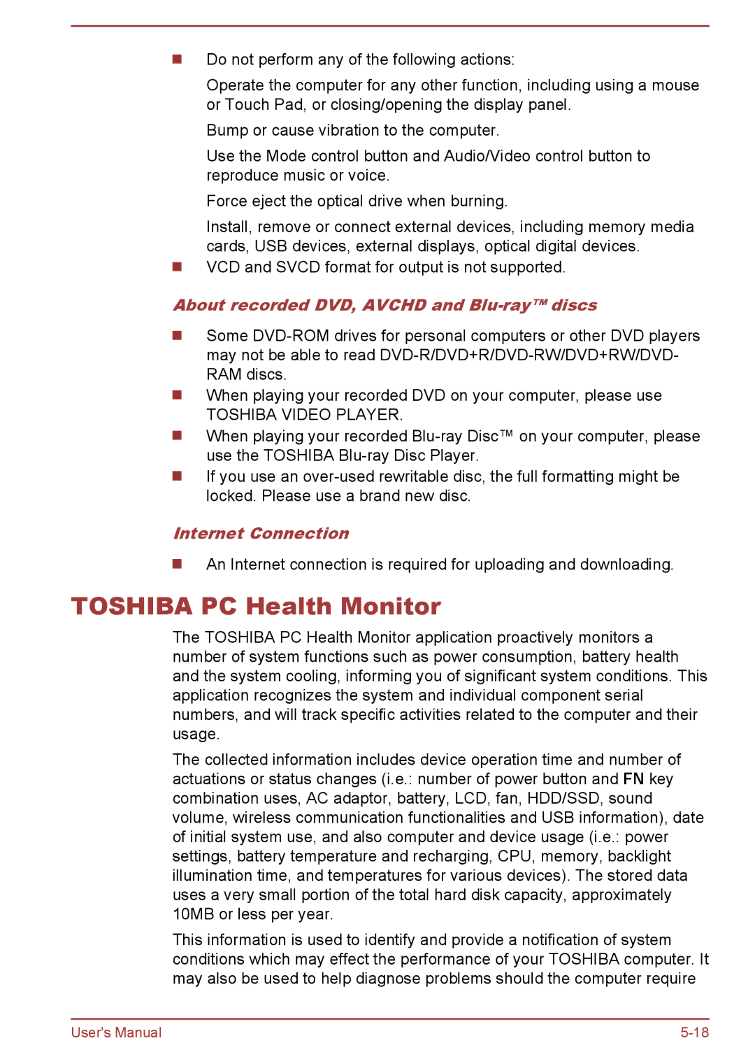 Toshiba P50-A/P50D-A/P50t-A/P50Dt-A, S50t-A/S50Dt-A Toshiba PC Health Monitor, About recorded DVD, Avchd and Blu-ray discs 