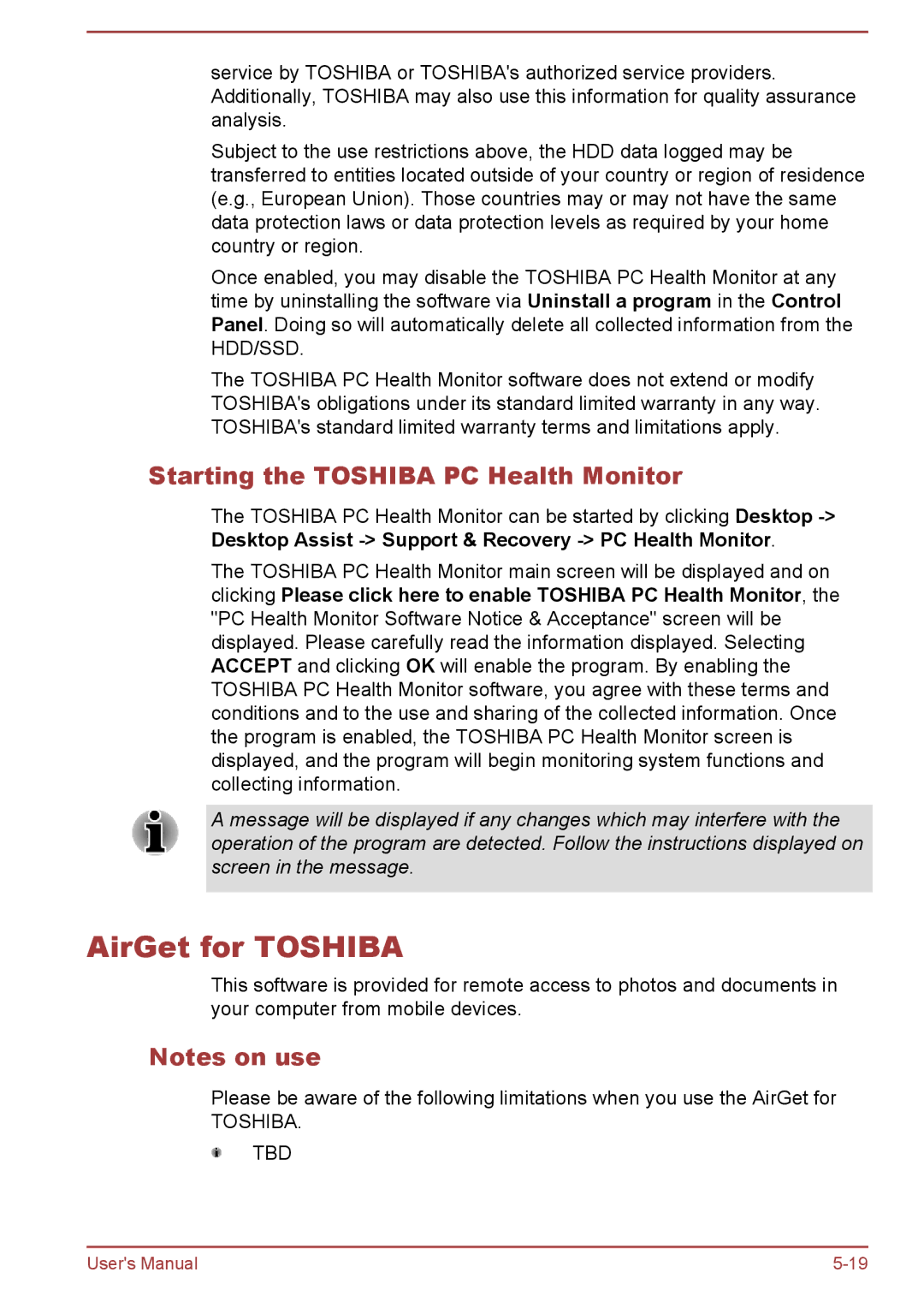 Toshiba L50-A/L50D-A/L50t-A/L50Dt-A, S50t-A/S50Dt-A user manual AirGet for Toshiba, Starting the Toshiba PC Health Monitor 