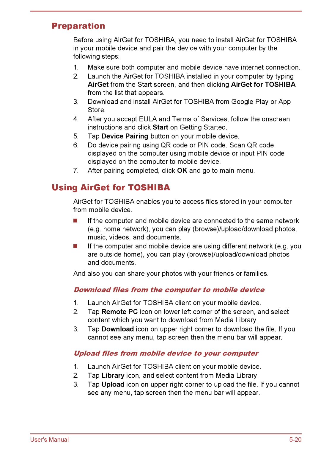 Toshiba S50t-A/S50Dt-A user manual Preparation, Using AirGet for Toshiba, Download files from the computer to mobile device 