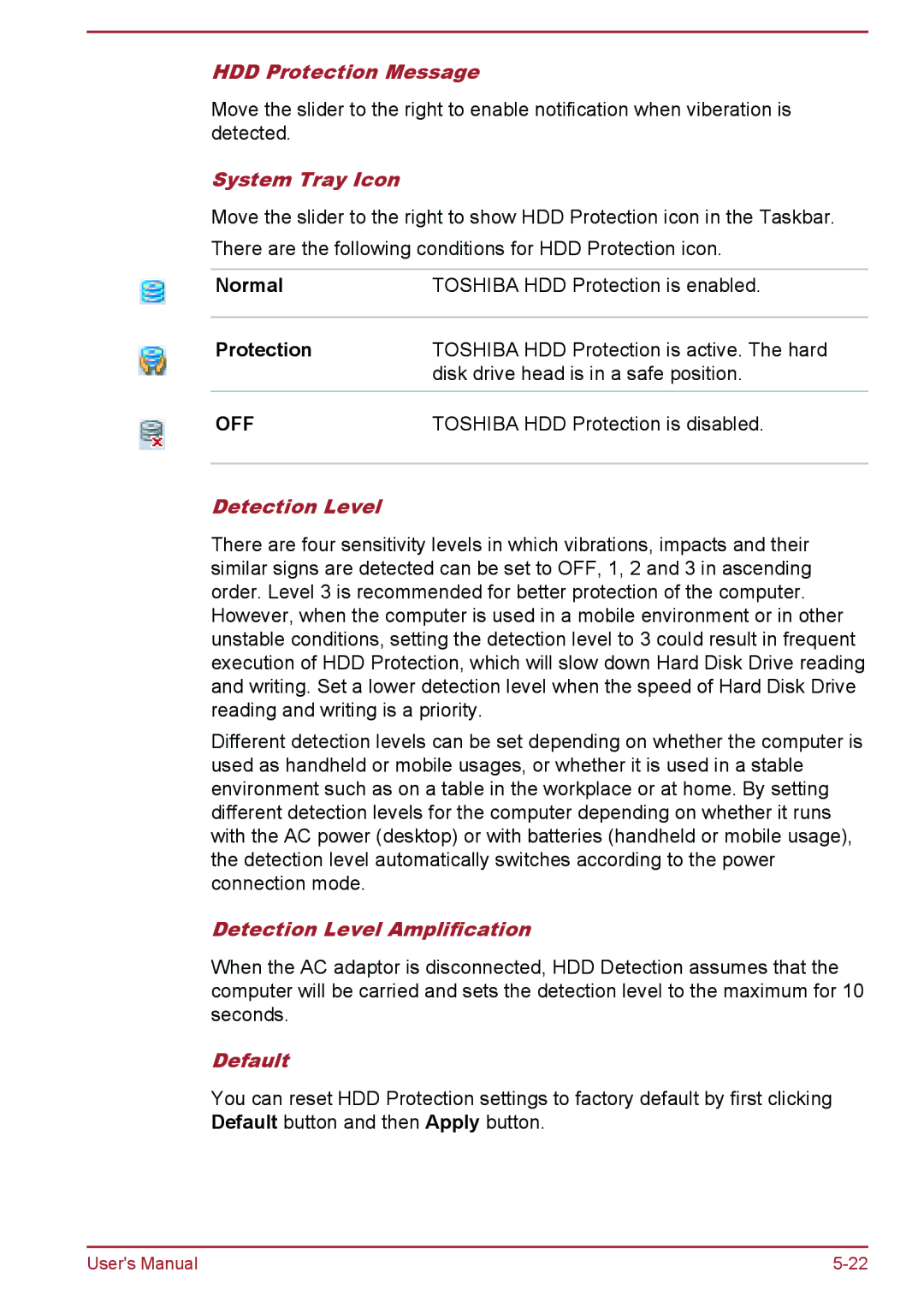 Toshiba P50-A/P50D-A/P50t-A/P50Dt-A, S50t-A/S50Dt-A HDD Protection Message, System Tray Icon, Detection Level, Default 