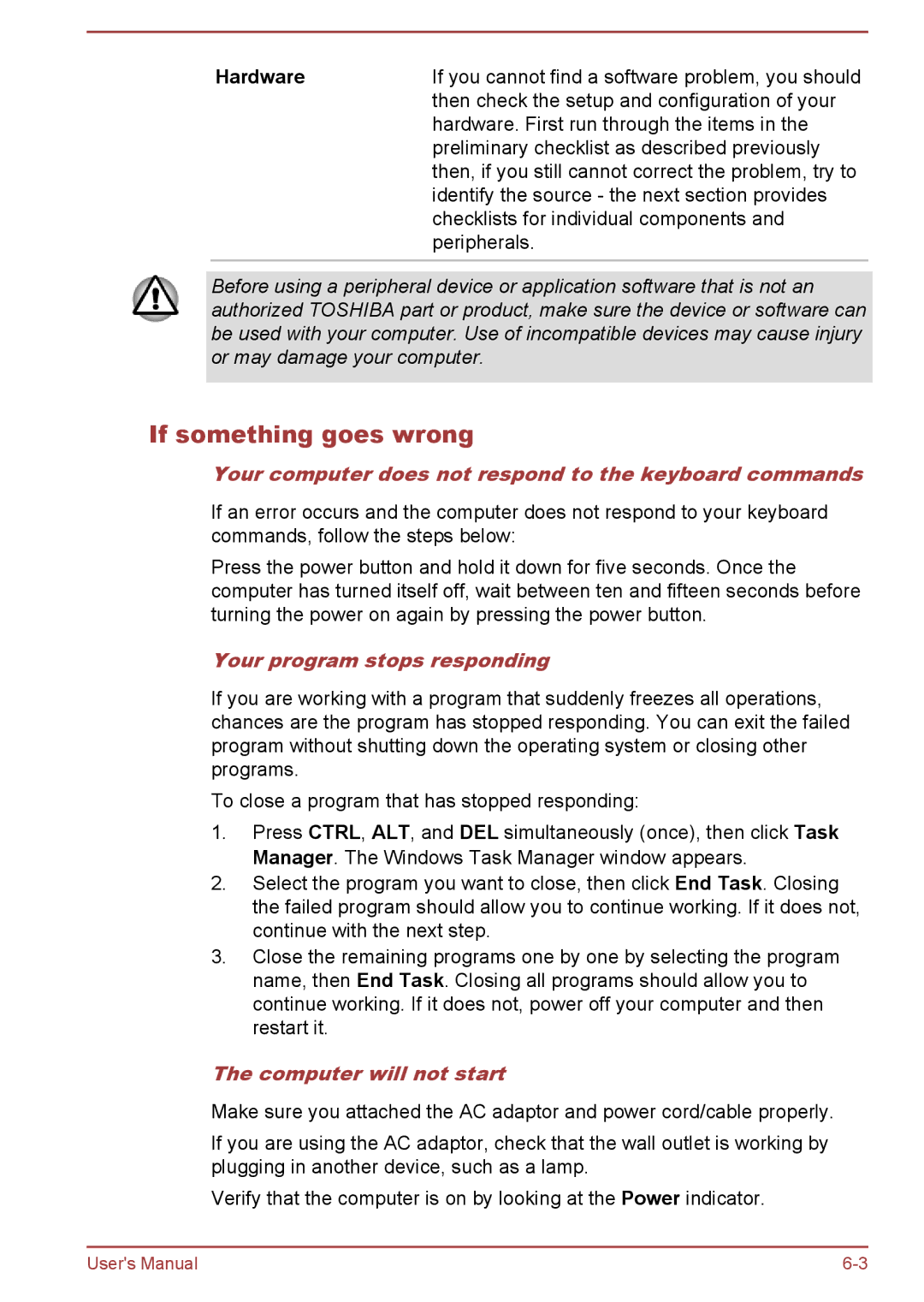 Toshiba S50-A/S50D-A user manual If something goes wrong, Hardware, Your computer does not respond to the keyboard commands 