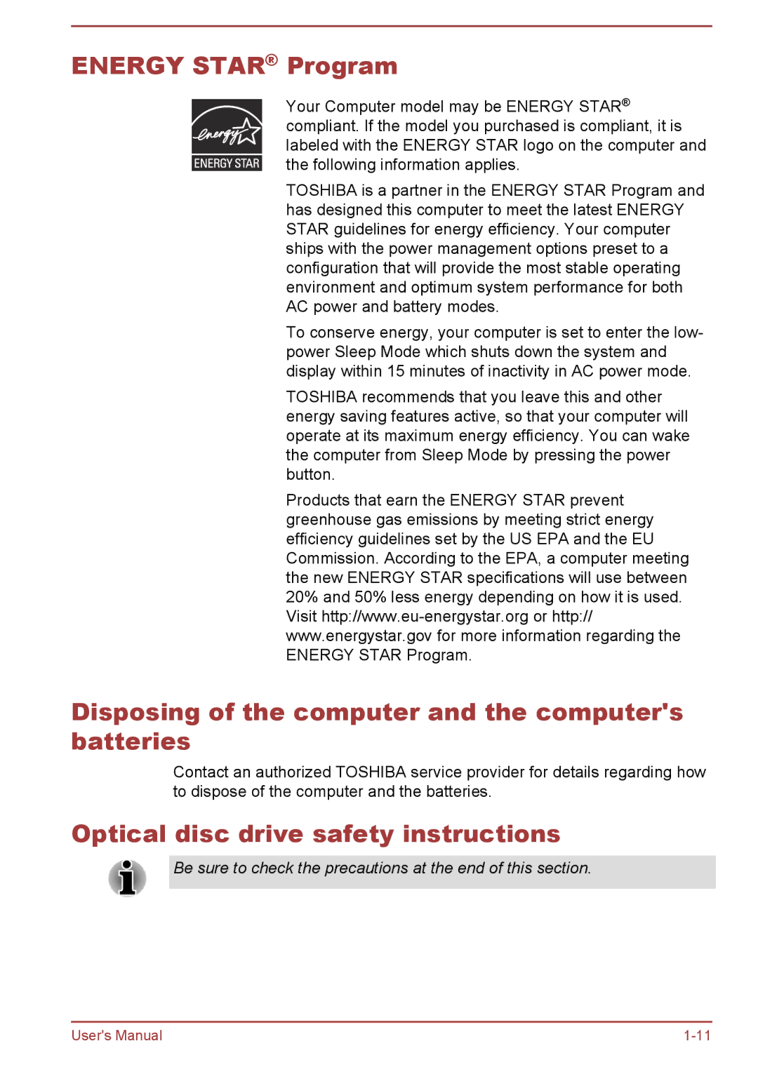 Toshiba L50-A/L50D-A/L50t-A/L50Dt-A user manual Energy Star Program, Disposing of the computer and the computers batteries 