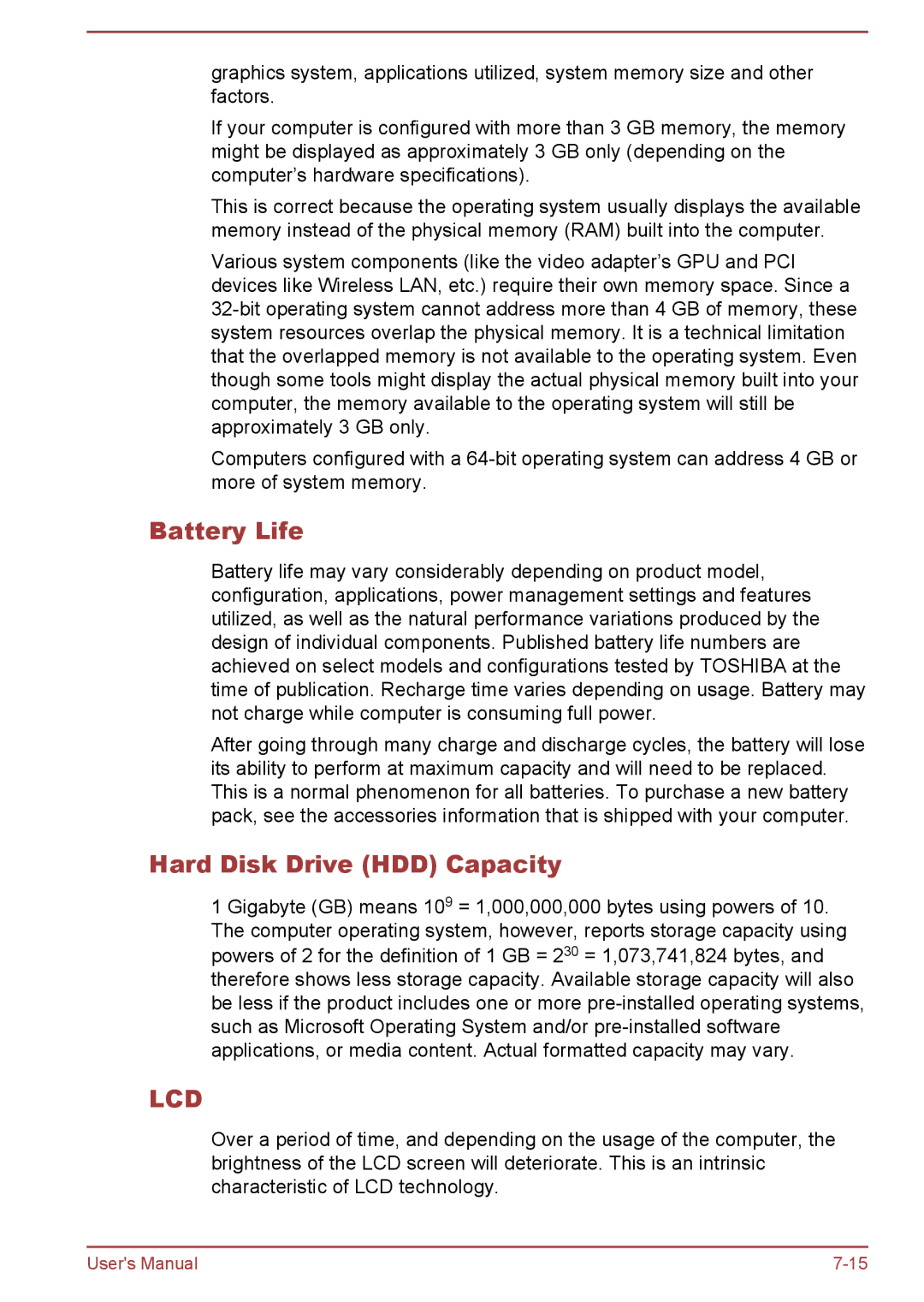 Toshiba S50t-A/S50Dt-A, S50-A/S50D-A, P50-A/P50D-A/P50t-A/P50Dt-A user manual Battery Life, Hard Disk Drive HDD Capacity 