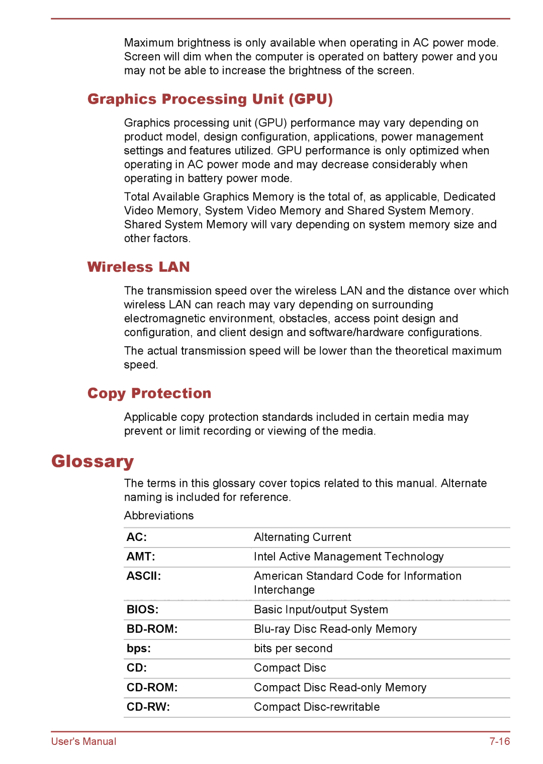 Toshiba S50-A/S50D-A, S50t-A/S50Dt-A user manual Glossary, Graphics Processing Unit GPU, Copy Protection, Bps 