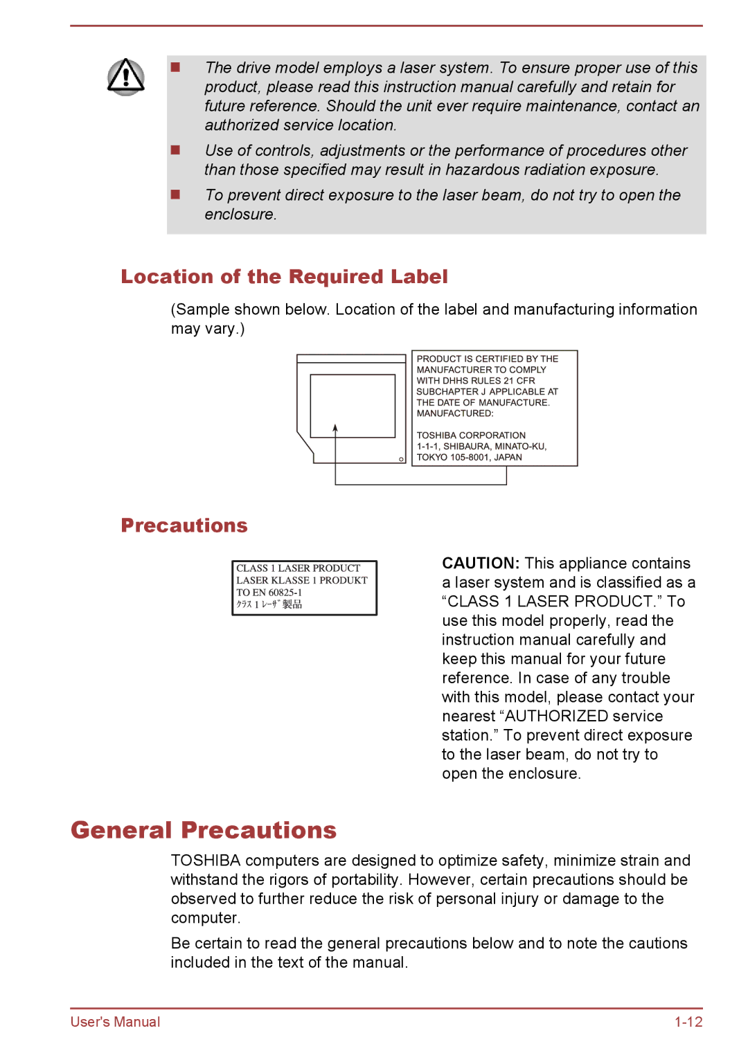 Toshiba S50t-A/S50Dt-A, S50-A/S50D-A, P50-A/P50D-A/P50t-A/P50Dt-A General Precautions, Location of the Required Label 