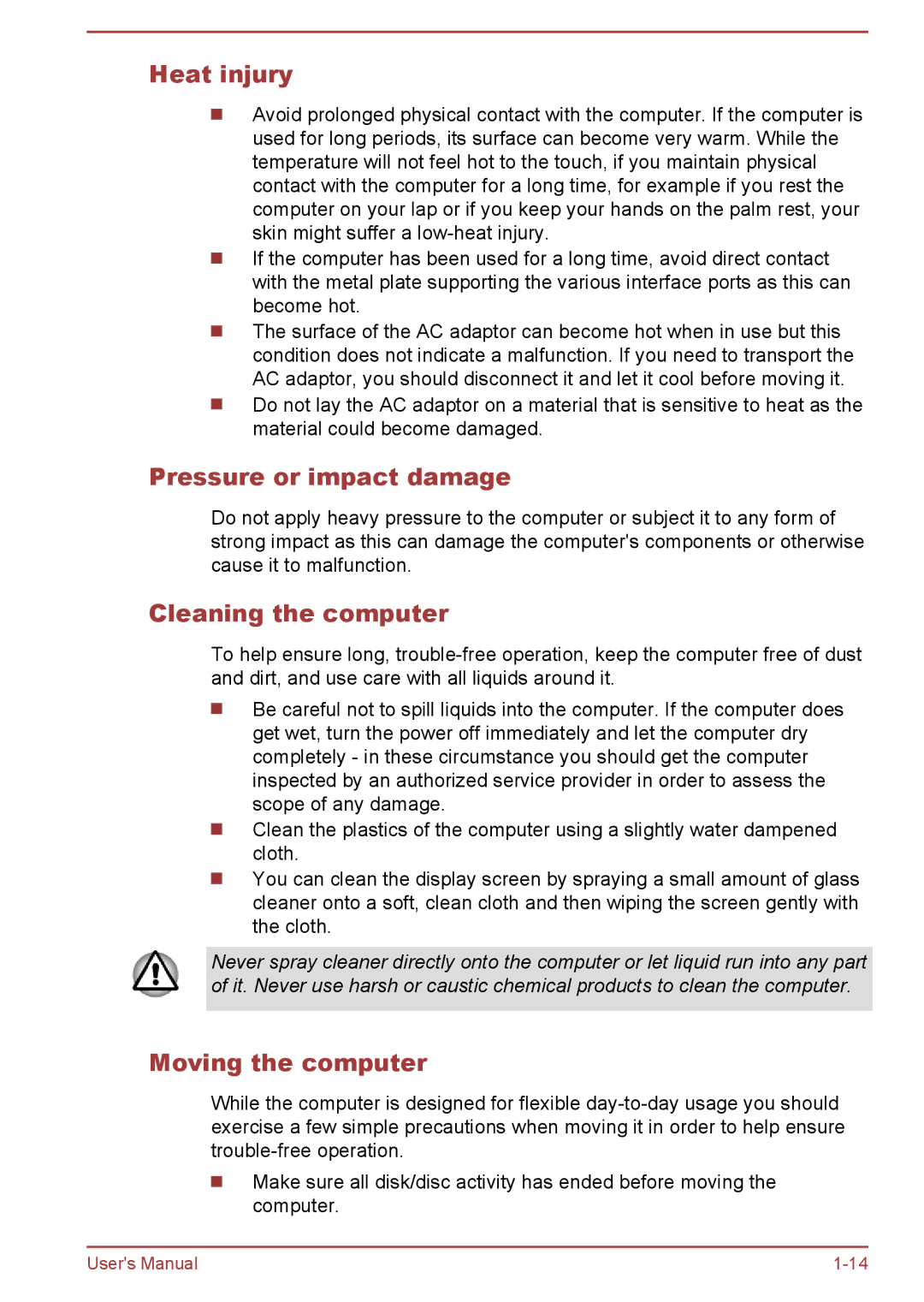 Toshiba P50-A/P50D-A/P50t-A/P50Dt-A Heat injury, Pressure or impact damage, Cleaning the computer, Moving the computer 