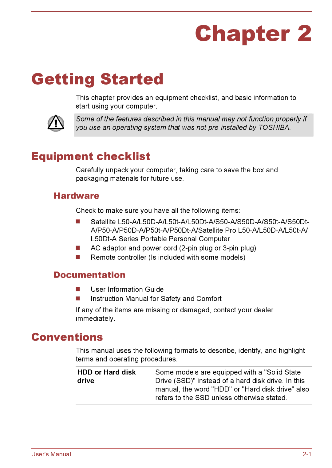 Toshiba S50t-A/S50Dt-A, S50-A/S50D-A, P50-A/P50D-A/P50t-A/P50Dt-A Equipment checklist, Conventions, Hardware, Documentation 