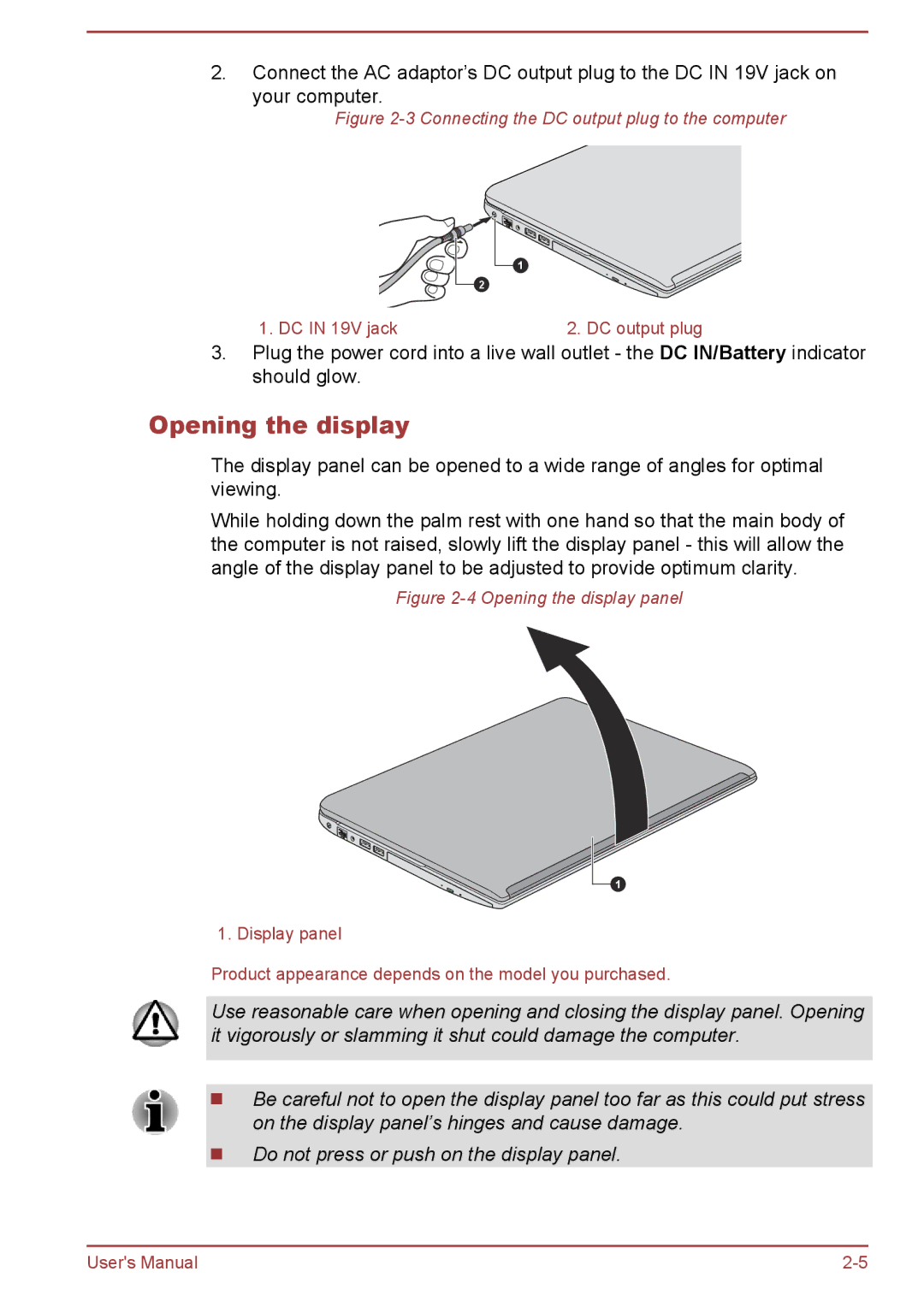 Toshiba S50t-A/S50Dt-A, S50-A/S50D-A user manual Opening the display, Connecting the DC output plug to the computer 