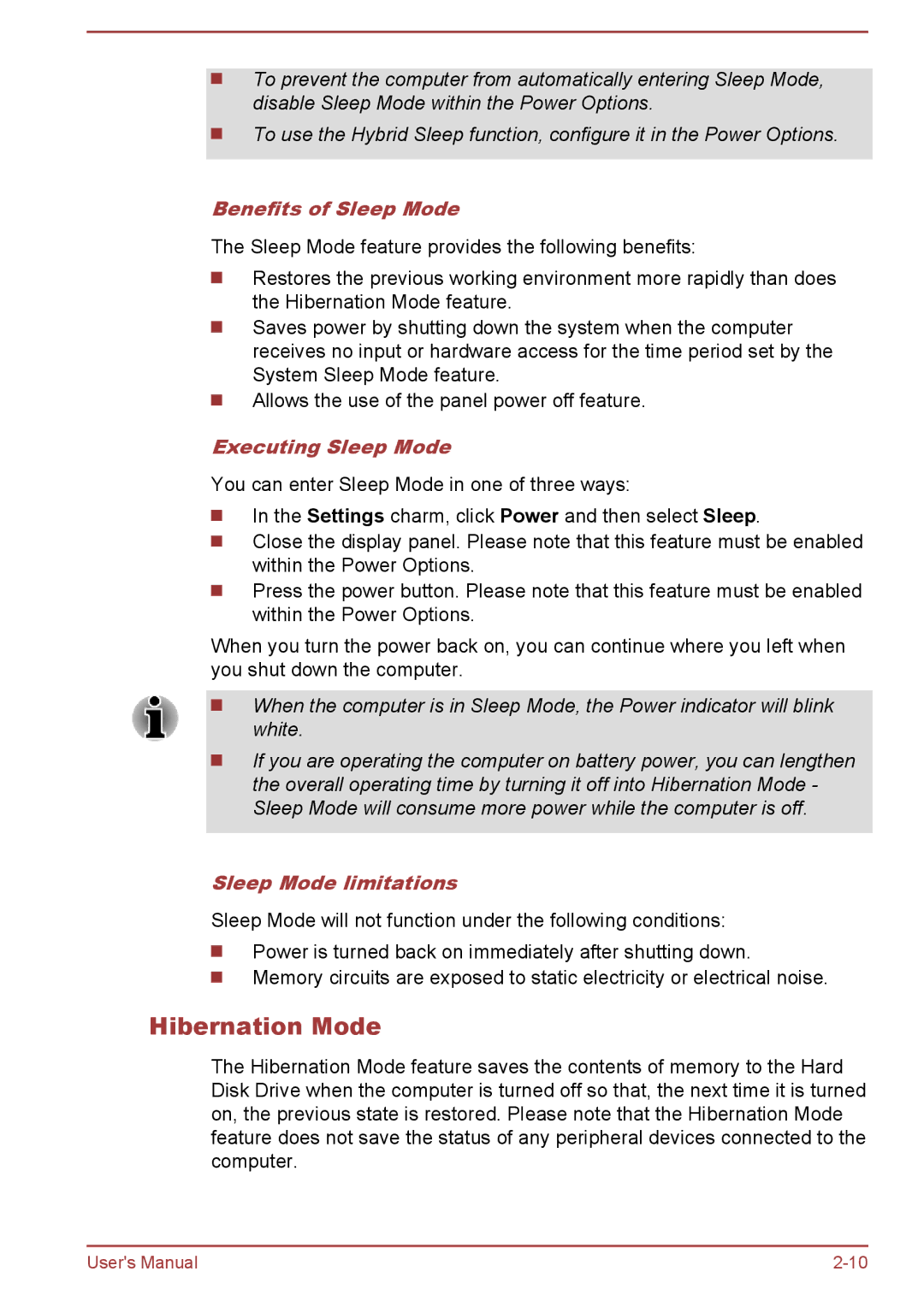 Toshiba S50-A/S50D-A user manual Hibernation Mode, Benefits of Sleep Mode, Executing Sleep Mode, Sleep Mode limitations 