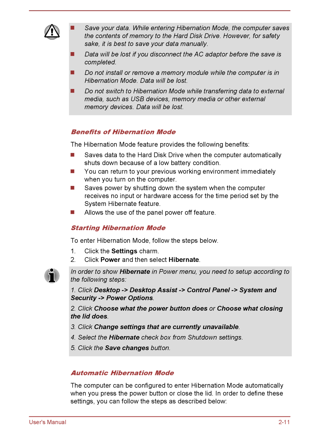 Toshiba P50-A/P50D-A/P50t-A/P50Dt-A Benefits of Hibernation Mode, Starting Hibernation Mode, Automatic Hibernation Mode 