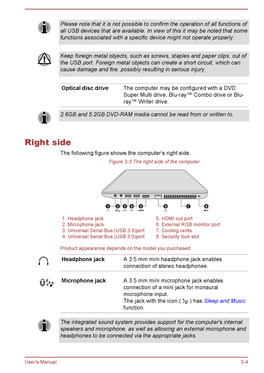 Toshiba L50-A/L50D-A/L50t-A/L50Dt-A, S50t-A/S50Dt-A user manual Right side, Following figure shows the computer’s right side 