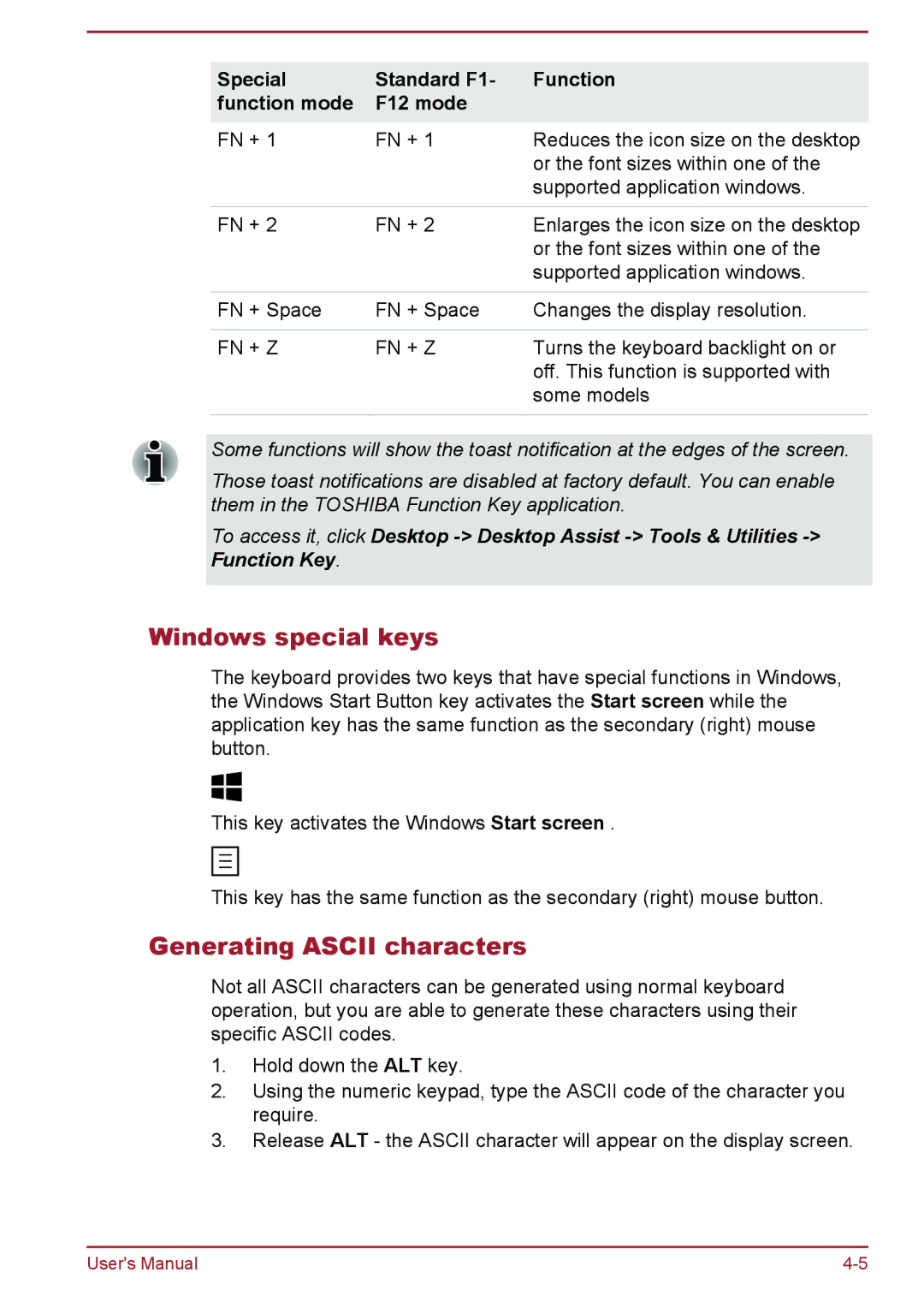 Toshiba S50-A/S50D-A, S50t-A/S50Dt-A, P50-A/P50D-A/P50t-A/P50Dt-A Windows special keys, Generating Ascii characters 