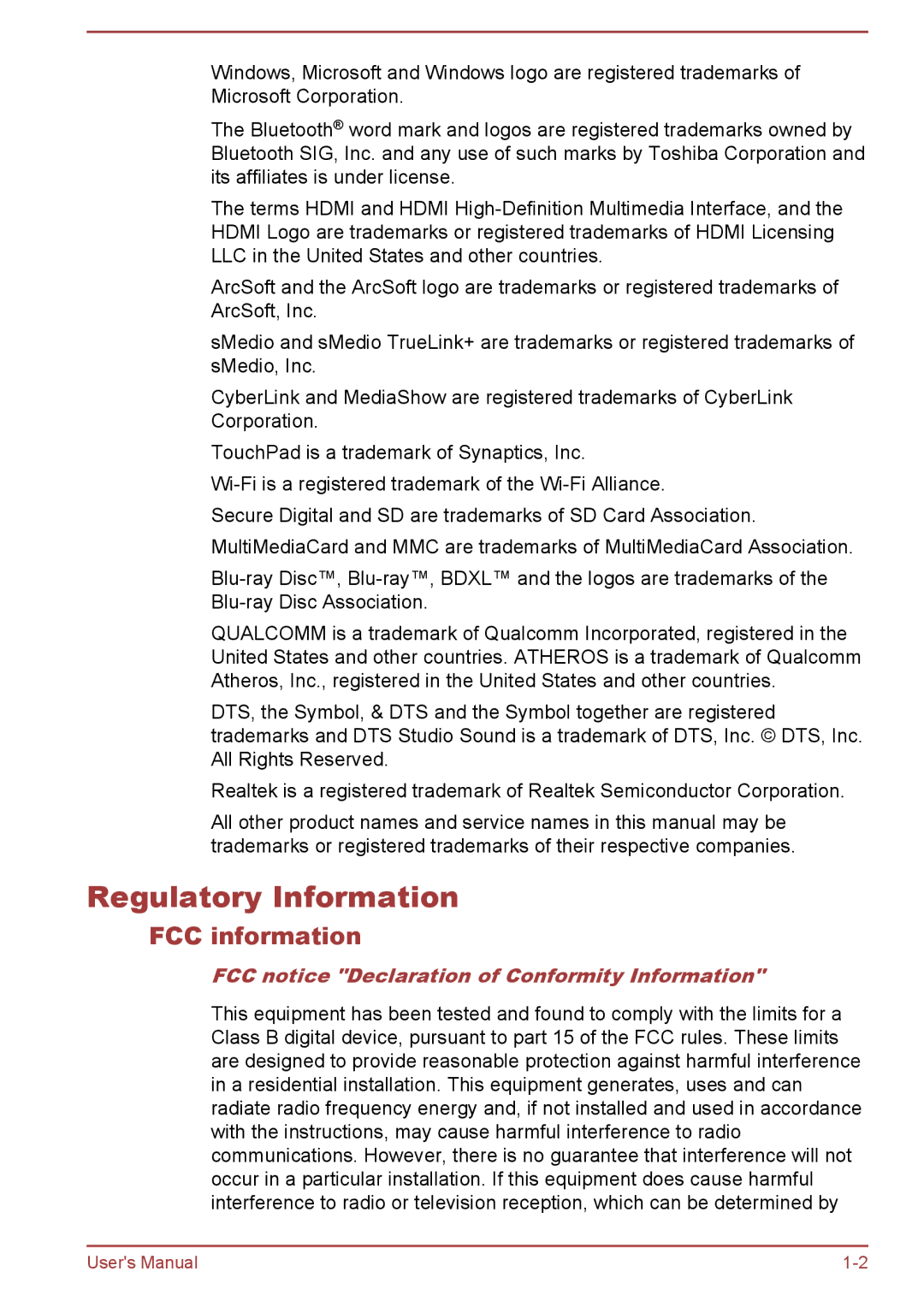 Toshiba P50-A/P50D-A/P50t-A/P50Dt-A, S50t-A/S50Dt-A, S50-A/S50D-A user manual Regulatory Information, FCC information 