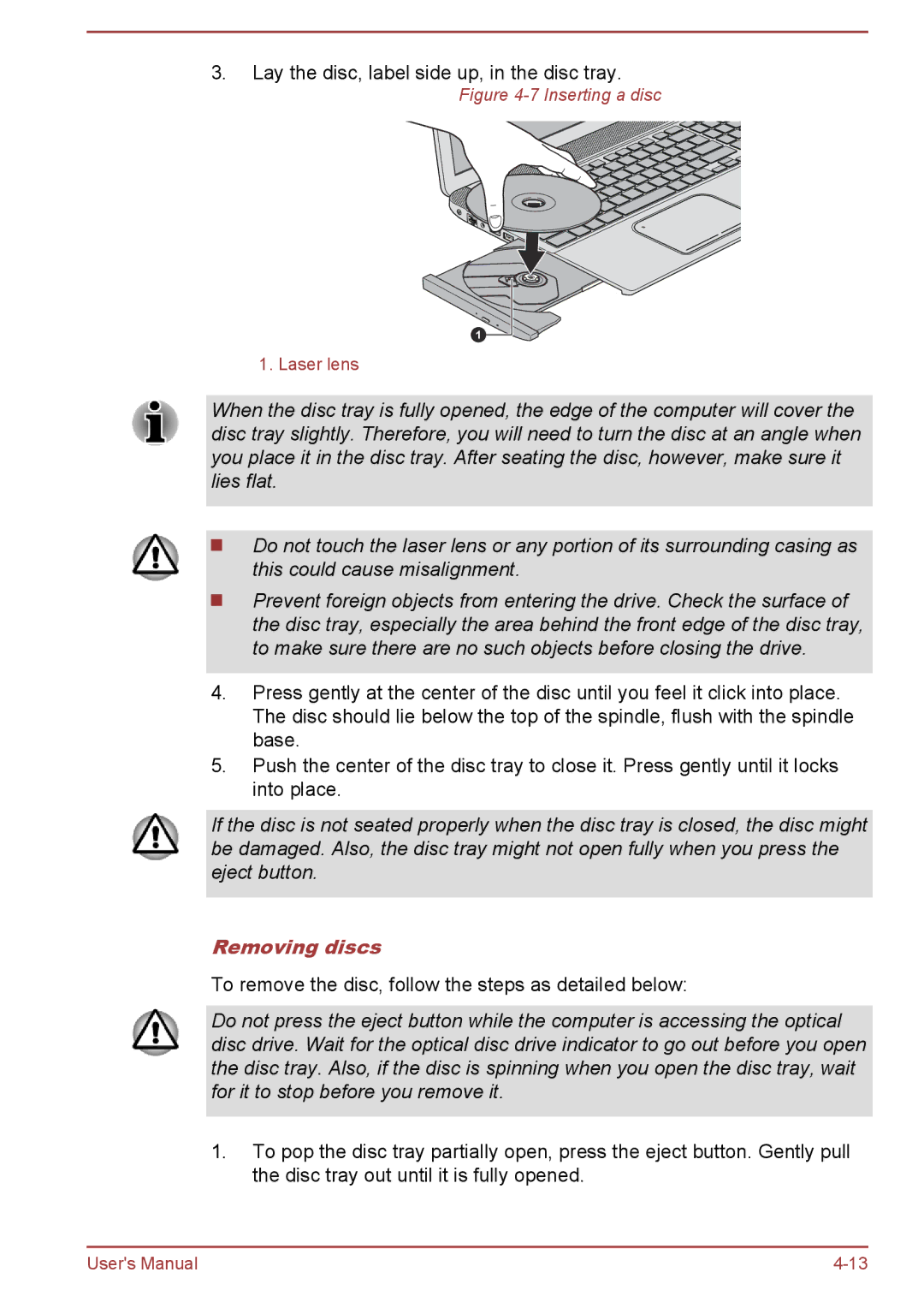 Toshiba S50-A/S50D-A, S50t-A/S50Dt-A, P50-A/P50D-A/P50t-A/P50Dt-A user manual Removing discs, Inserting a disc 