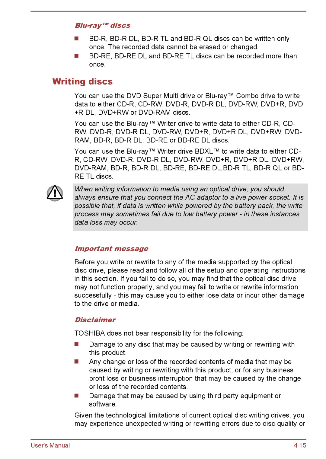 Toshiba L50-A/L50D-A/L50t-A/L50Dt-A, S50t-A/S50Dt-A user manual Writing discs, Blu-ray discs, Important message, Disclaimer 