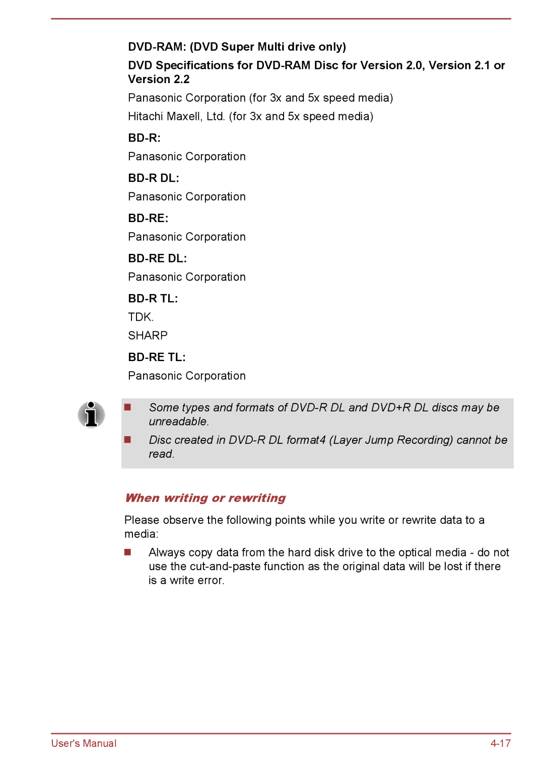 Toshiba S50-A/S50D-A, S50t-A/S50Dt-A, P50-A/P50D-A/P50t-A/P50Dt-A user manual Bd-Re Tl, When writing or rewriting 