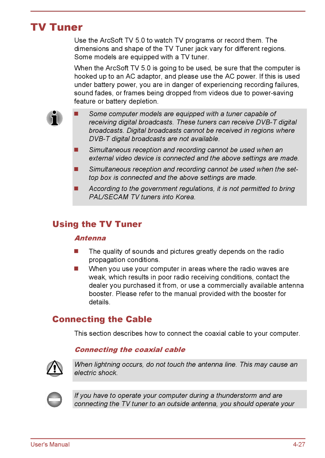 Toshiba L50-A/L50D-A/L50t-A/L50Dt-A Using the TV Tuner, Connecting the Cable, Antenna, Connecting the coaxial cable 