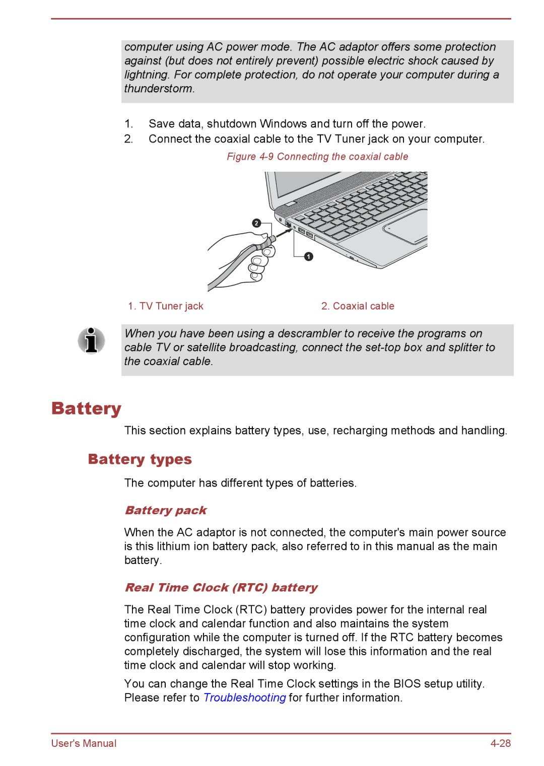 Toshiba S50t-A/S50Dt-A, S50-A/S50D-A user manual Battery types, Battery pack, Real Time Clock RTC battery 