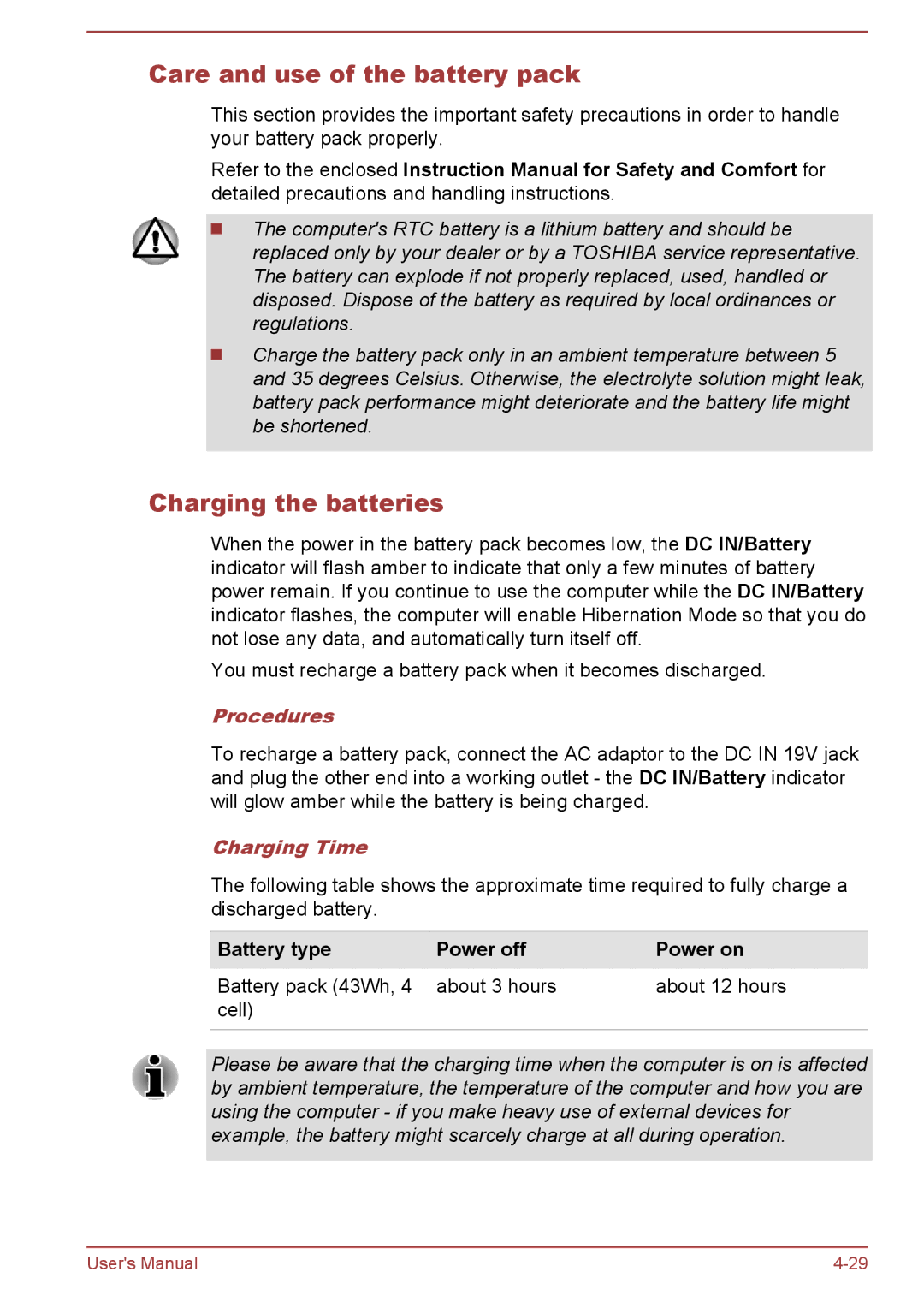 Toshiba S50-A/S50D-A, S50t-A/S50Dt-A Care and use of the battery pack, Charging the batteries, Procedures, Charging Time 